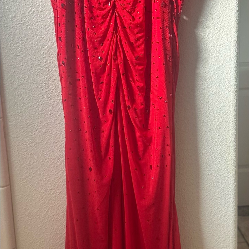 Red Ruched Mermaid Prom Gown - Picture 2 of 3